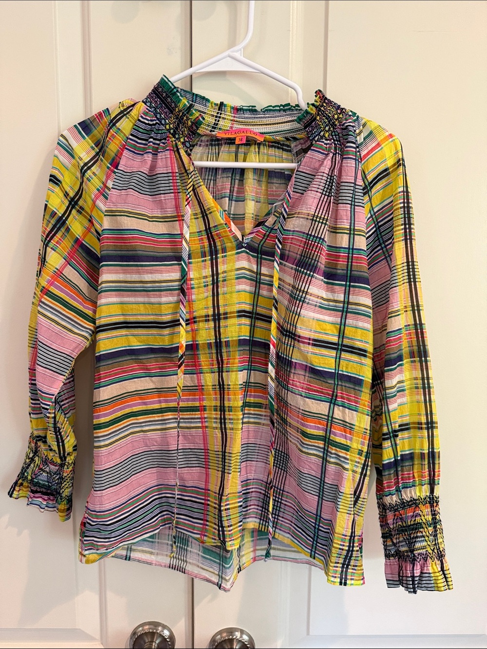 Vilagallo multi Striped Peasant Top - Yellow & Pink